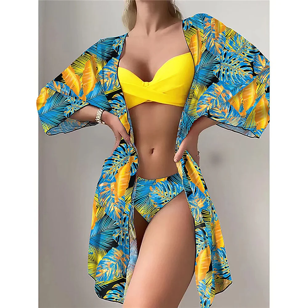 Top Trends: Three Pieces Bikini Set Cover Up Women 2023 New Push Up Twist Swimsuit Print Long Sleeve Swimwear Biquini Bathing Suit Summer Shoppable Styles