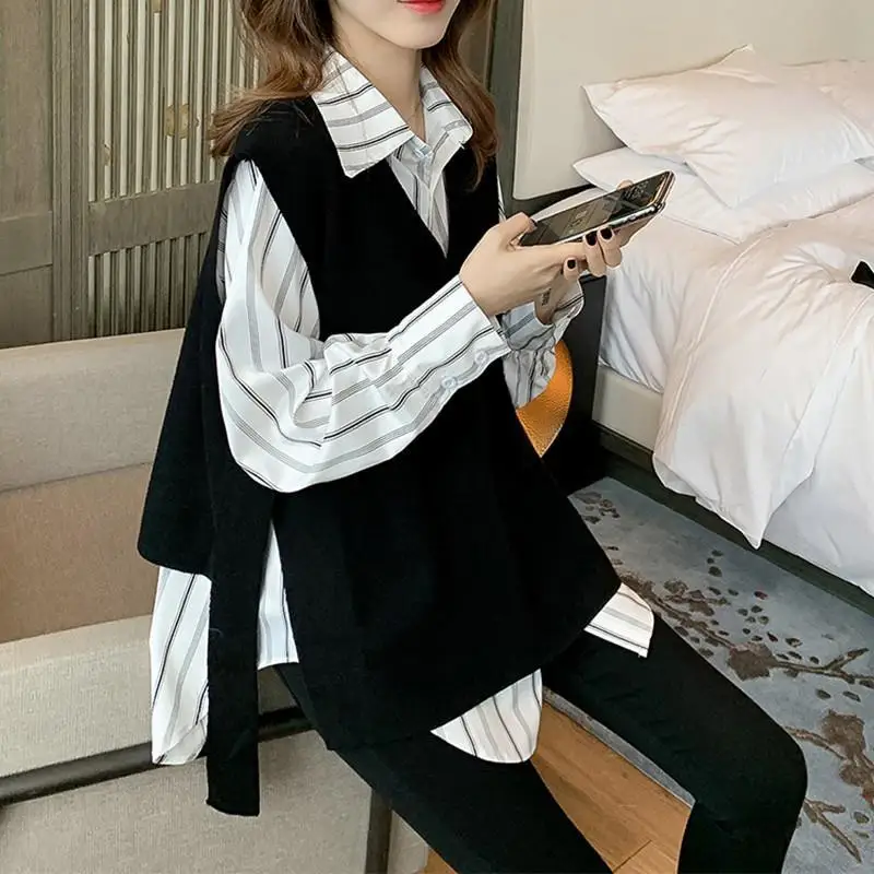 Top Trends: Long Sleeve Stripe Shirt Women Knitted Sweater Vest Two Piece Set 2022 Spring Autumn Korean Fashion Vintage Casual Loose Clothes Shoppable Styles