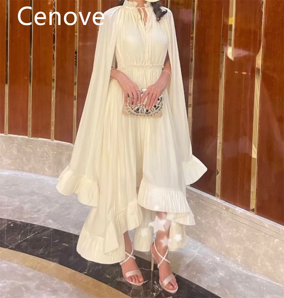 Top Trends: Cenove Beige A-Line V Neckline Prom Dress Short Sleeves And Ankle Length With Ruffle Evening Summer Party Dress For Women Shoppable Styles