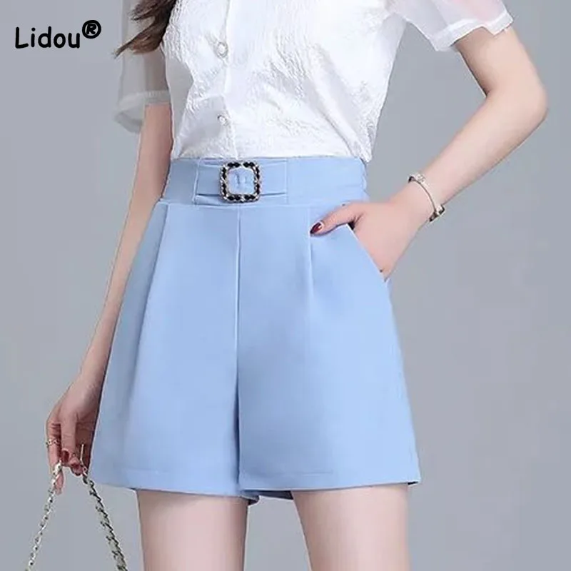 Top Trends: Office Lady Simplicity All-match High Waist Solid Color Shorts Summer Fashion Spliced Casual Pockets Pants Women's Clothing Shoppable Styles