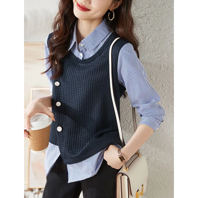 Top Trends: Fashion Button Spliced Fake Two Pieces Striped Blouse Women&#039;s Clothing 2022 Autumn Loose New Casual Pullovers All-match Shirt Shoppable Styles