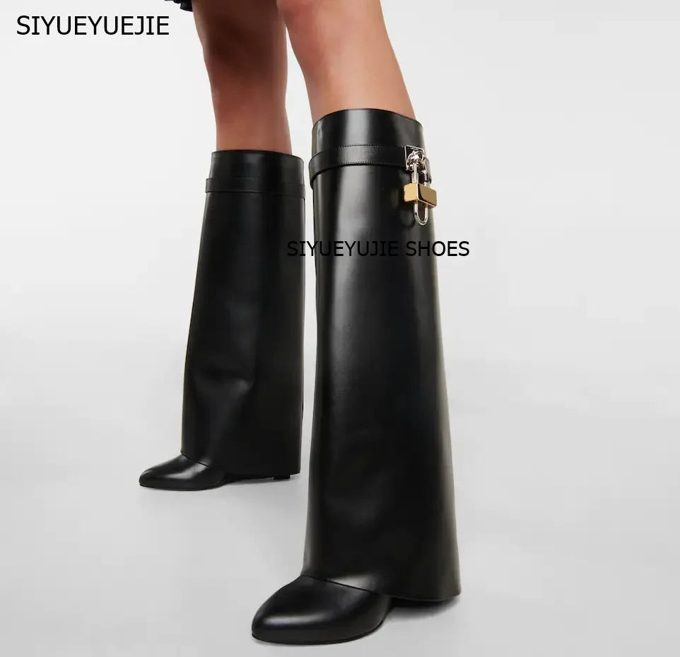 Top Trends: High Quality Shark Lock Woman Fold High Heel Straight Woman Wedge Knee High Boots Round Toe Female Slip On Long Boots Shoppable Styles