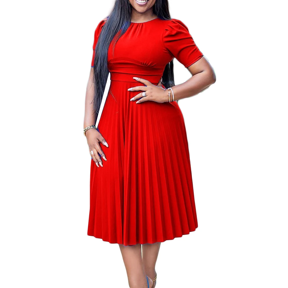 Top Trends: Ladies Elegant Temperament Dress Slim Short Sleeve Women's Skirt Peplum Pleats Knee-length Dress Red Plus-size Dress Shoppable Styles