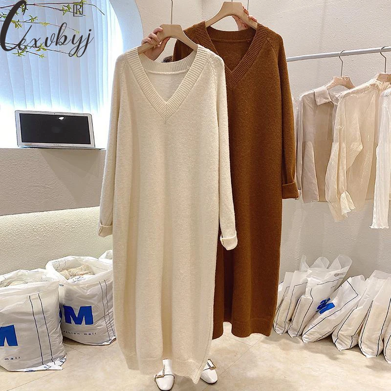 Top Trends: Oversized V-Neck Women Straight Dress Autumn Winter Loose Pullover Knitted Elegant Dress Solid Colors Long Party Dress 40-150KG Shoppable Styles