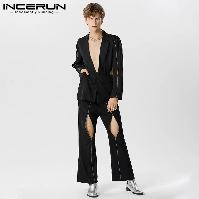 Top Trends: INCERUN 2023 American Style New Men&#039;s Casual Sexy Sets Long Sleeve Suit Pants Fashion Hollow Splice Strips Two Piece Sets S-5XL Shoppable Styles