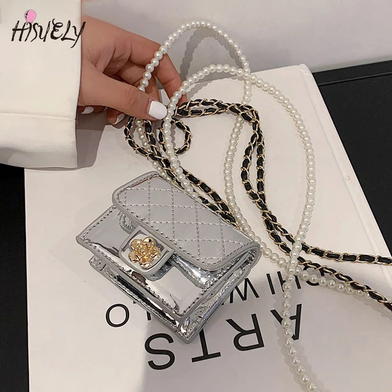 Top Trends: 2024 Luxury Mini Leather Bag Women Hanging Neck Camellia Bags Rhombus Earphone / Lipstick / Keys Bag Pearls Chain Chest Waist Pack Shoppable Styles