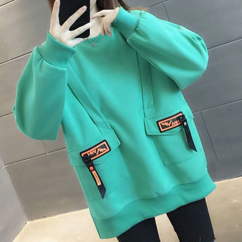 Top Trends: Casual Fashion Pockets Spliced Sweatshirts For Female Autumn Winter Loose Solid Long Sleeve Pullovers Tops Women&#039;s Clothing Shoppable Styles