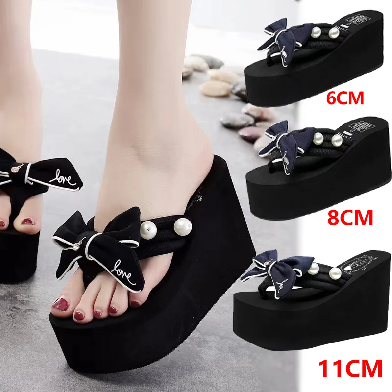 Top Trends: 6 / 8 / 11cm Super High Heel Flip Flop Handcrafted Pearl Bow Slip On Seaside Slides Holiday Travel Fashion Women's Black Beach Shoes Shoppable Styles