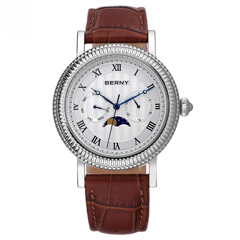 Top Trends: Berny Men&#039;s Quartz Multifunction Wristwatch Leather Watch Moon Phase 40mm Dial Watches Waterproof Quality Business Watch For Men Shoppable Styles