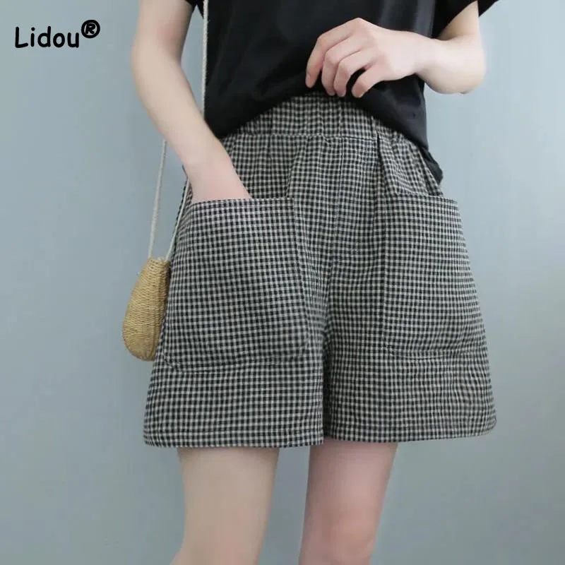 Top Trends: Korean Casual Plaid Wide Leg Shorts Female Summer Women's Clothing Elastic High Waist Fashion All-match Pockets Spliced Shorts Shoppable Styles