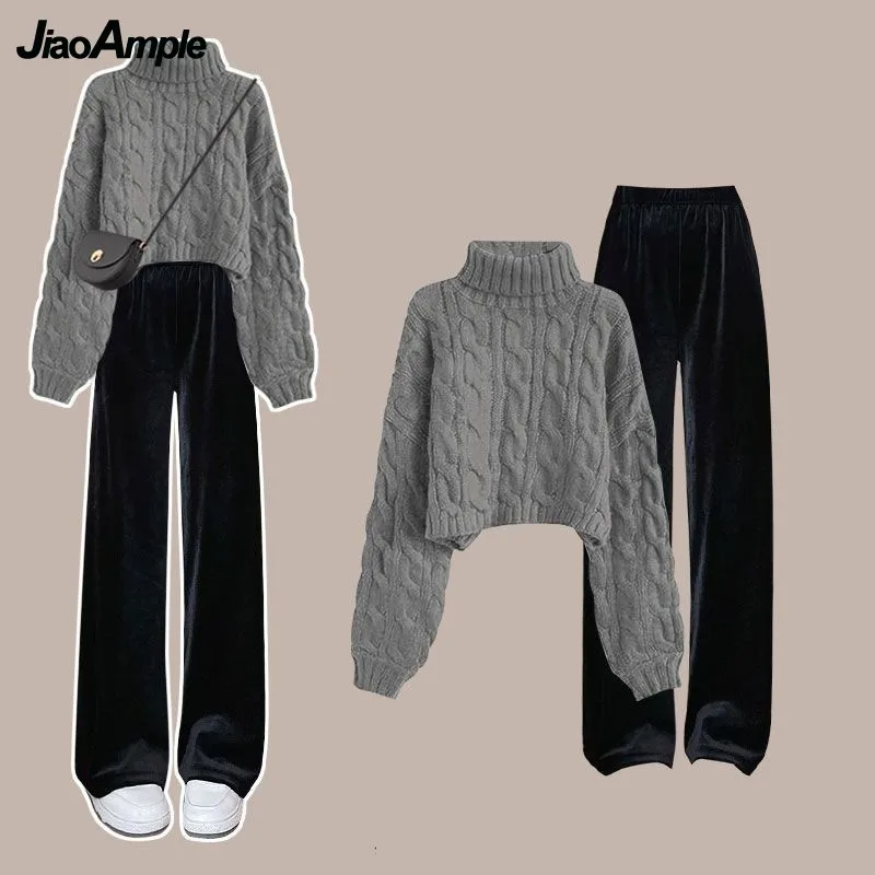 Top Trends: 2023 Autumn / Winter New In Matching Set Women&#039;s Korean Elegant High Neck Knitted Sweater Casual Pants Two Piece Female Clothing Shoppable Styles