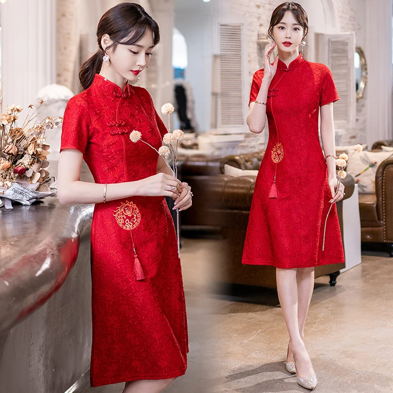 Top Trends: Chinese Traditional Retro Red Modern Improved Cheongsam Summer New Short Sleeve Engagement Qipao Dress Shoppable Styles