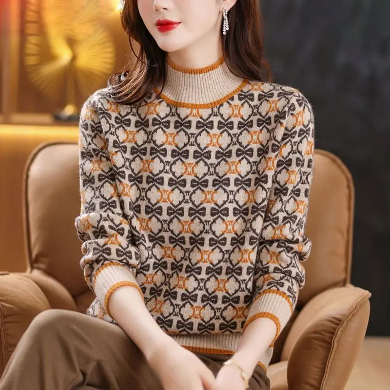 Top Trends: Women Vintage Long Sleeve Sweaters Autumn Winter Thicken Jacquard Mock Neck Loose Fashion Female Pullover Casual Knitted Tops Shoppable Styles