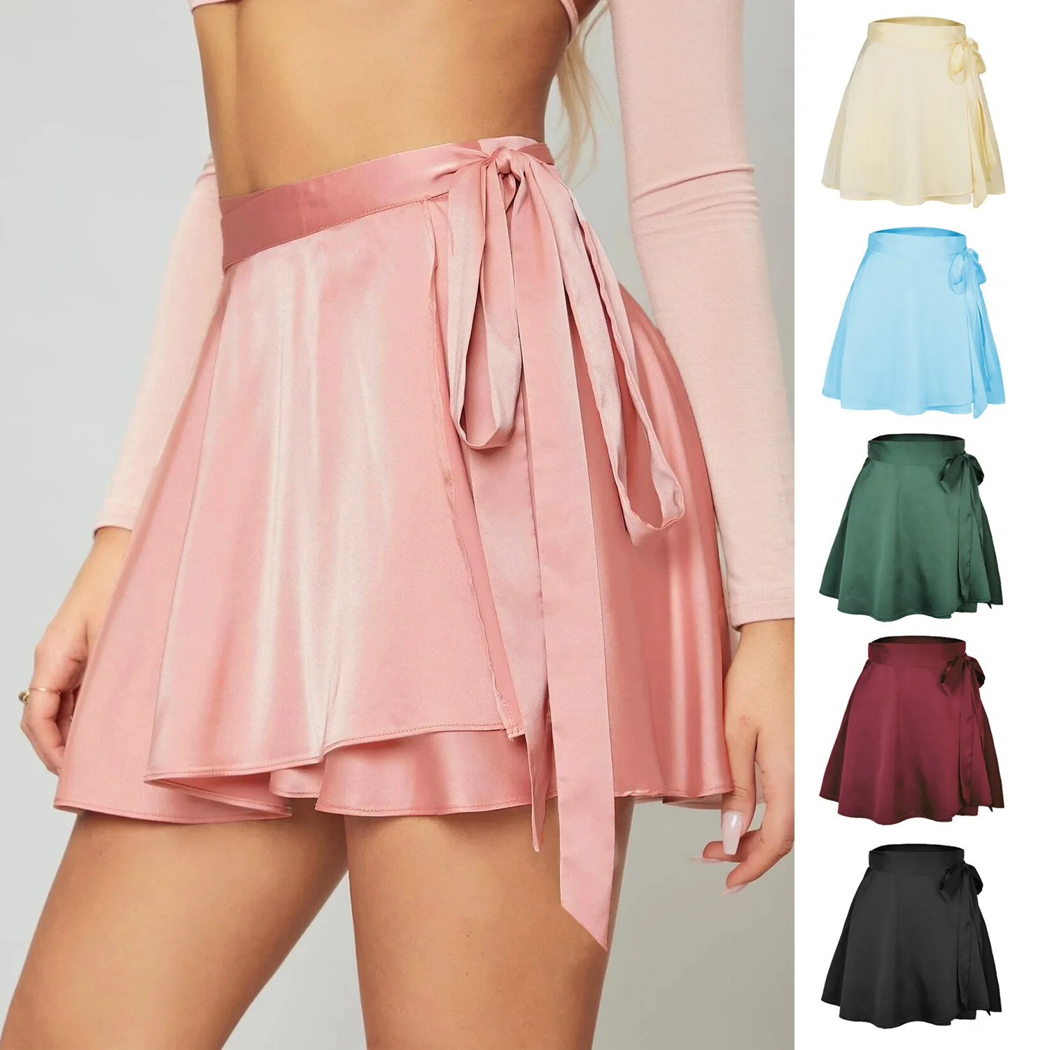 Top Trends: New Kawaii Mini Skirt Solid Color Quality High Waist Fashion Bow Tie Laceing Short Chiffon Satin Sweet Wrap Skirts Women Clothes Shoppable Styles