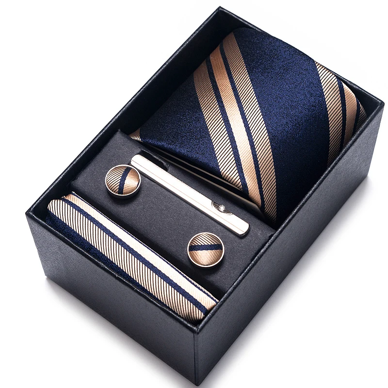 Top Trends: 100% Silk Brand Tie Handkerchief Cufflink Set For Men Necktie Holiday Gift Box Blue Gold Suit Accessories Slim Wedding Gravatas Shoppable Styles