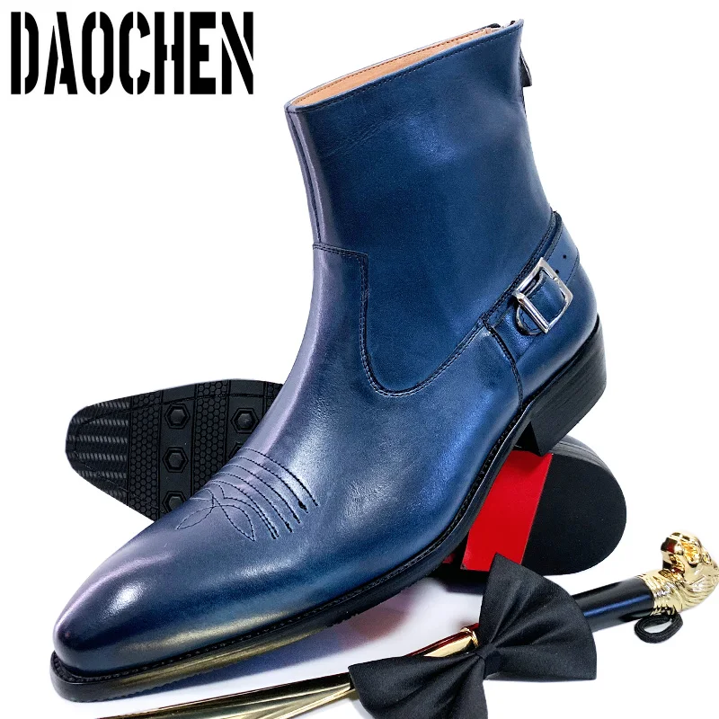 Top Trends: Luxury Men Ankle Boots Zipper Mid-Calf Slip On Casual Dress Shoes Winter Boots Black Blue Leather Basic Boots Men Shoes Shoppable Styles