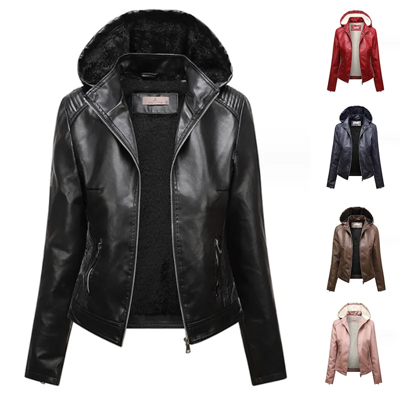 Top Trends: New Winter 2023 Hooded Collar PU Faux Leather Jackets Fleece Warm Women Luxury Jacket Black Pink Red Biker Fur Coat Shoppable Styles