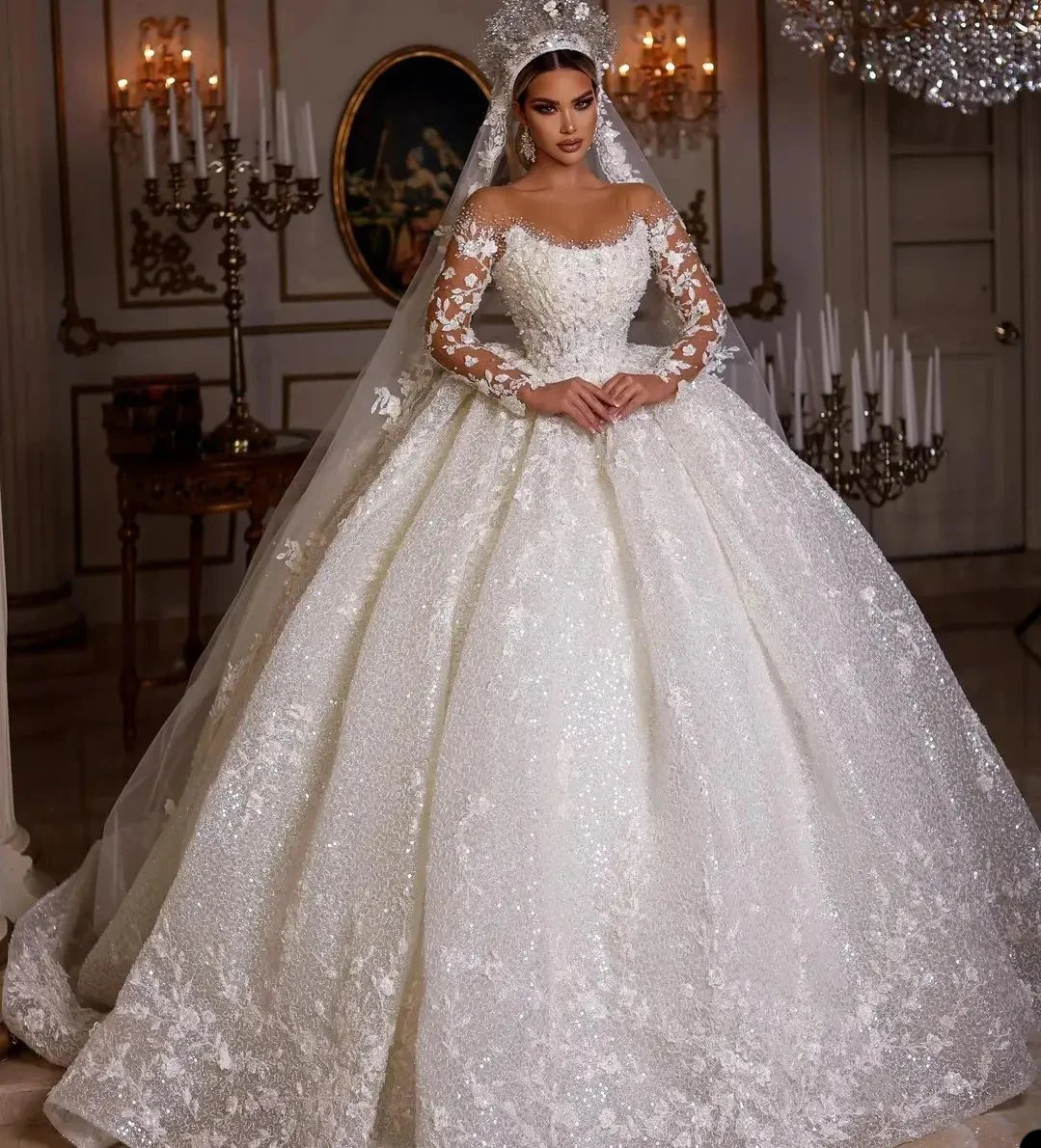 Top Trends: Luxury Lace Dubai Wedding Dresses Long Sleeves Sequins Beads Sheer Vestido De Noiva Neck Appliques Glitter Tulle Bride Gowns Shoppable Styles