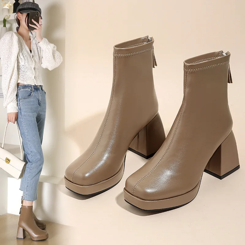 Top Trends: New Fashion Ankle Boots For Women High Heels Chunky Platform Stretch Fabric Square Toe White Sole Zipper Young Lady Booties 2022 Shoppable Styles