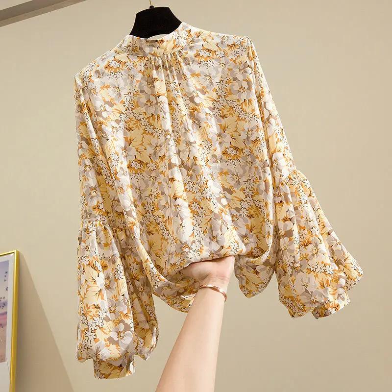 Top Trends: Women's Clothing Korean Fashion Floral Print Stand Collar Blouse Spring Autumn Lantern Sleeve All-match Chiffon Shirt For Female Shoppable Styles