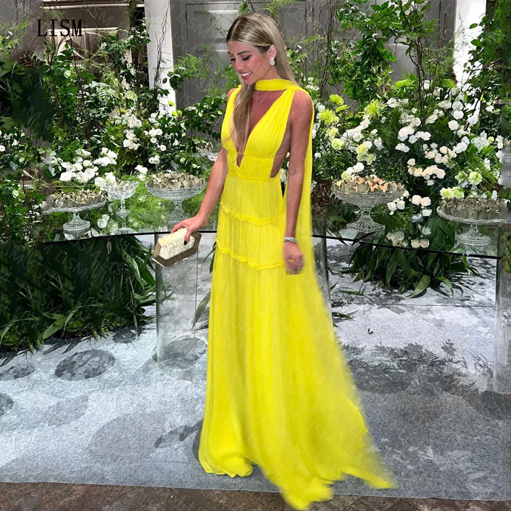 Top Trends: LISM A-line Deep V-neck Chiffon Yellow Simple Evening Party Dresses Beach New Cocktail Prom Gowns Elegant Celebrity Party Dress Shoppable Styles