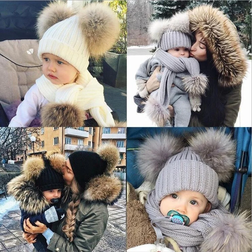 Top Trends: Children&#039;s Winter Warm Knitted Beanie Hat For Girls Double Pompom Baby Hats Solid Warm Cute Furry Balls Bonnet Cap Kids Gifts Shoppable Styles