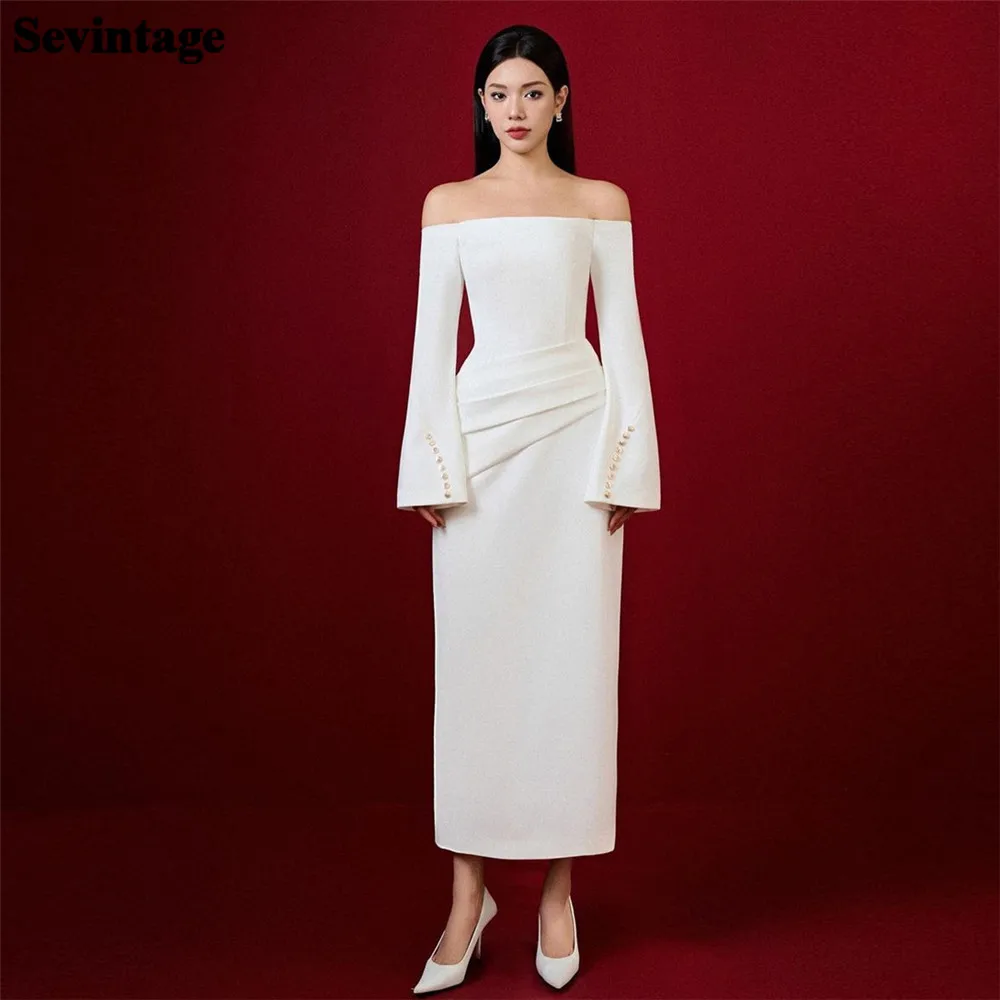 Top Trends: Sevintage Elegant White Satin Prom Dress Mermaid Boat Neck Off The Shoulder Pleated Ankle Length Evening Dress Vestido De Gala Shoppable Styles