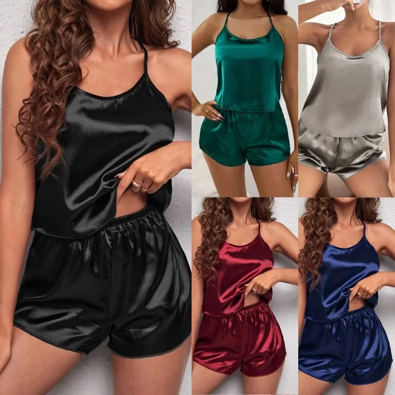 Top Trends: Women&#039;s Sleepwear Sexy Lace Satin Pajama Sets Nightwear Sleeveless Tops+ Shorts 2 Pcs Sets Pyjama Sets For Women Pijama Shoppable Styles