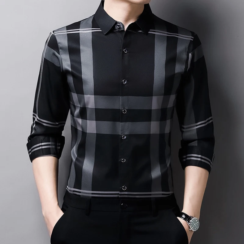 Top Trends: New Shirt Wrinkle Resistant And Iron Free Men&#039;s Long Sleeve Luxurious And Comfortable Lapel Slim Spring And Autumn Plaid Print Shoppable Styles