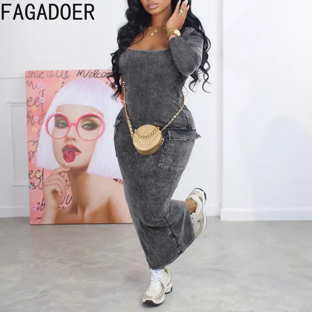 Top Trends: FAGADOER Sexy Round Neck Long Sleeve Bodycon Mid Dresses Women Slim Pocket Slim Slit Vestidos Female Solid Color Dress Clothing Shoppable Styles