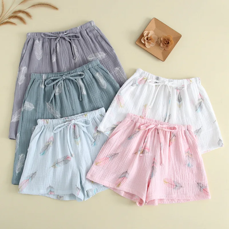 Top Trends: New Summer Couple 100% Cotton Gauze Crepe Shorts Feather Printing Lounge Sleep Shorts Men And Women Bottoms Lounge Pants Shoppable Styles