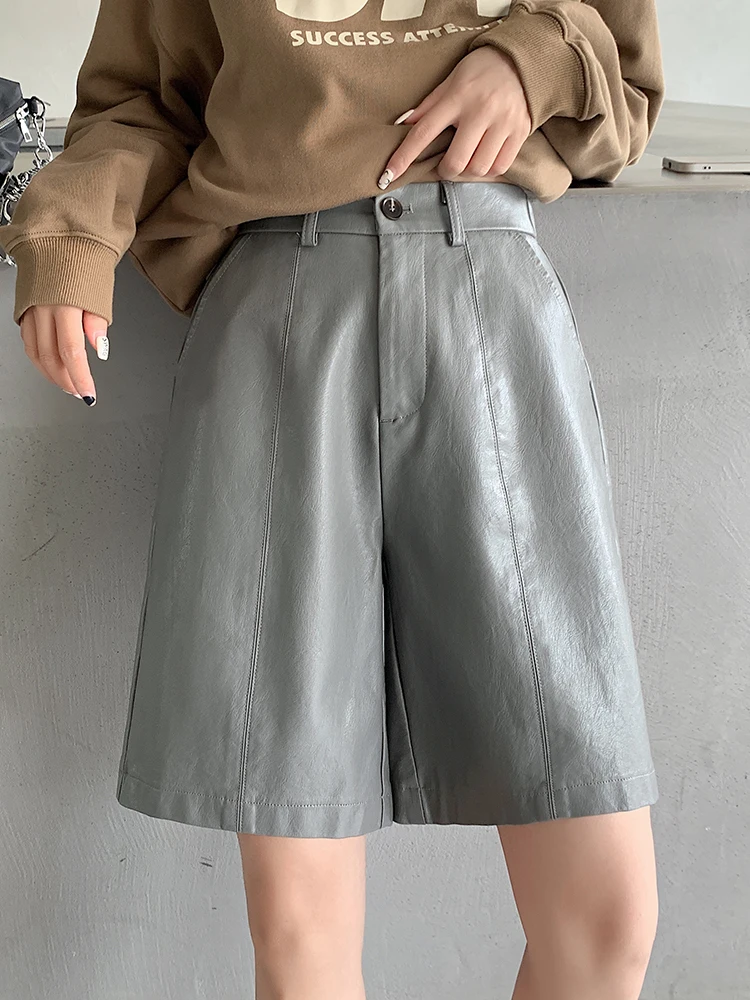 Top Trends: QOERLIN Elastic Waist Bermuda Casual High Waist PU Leather Shorts Women Spring Autumn Loose Pockets Wide Leg Half Shorts QN5135 Shoppable Styles