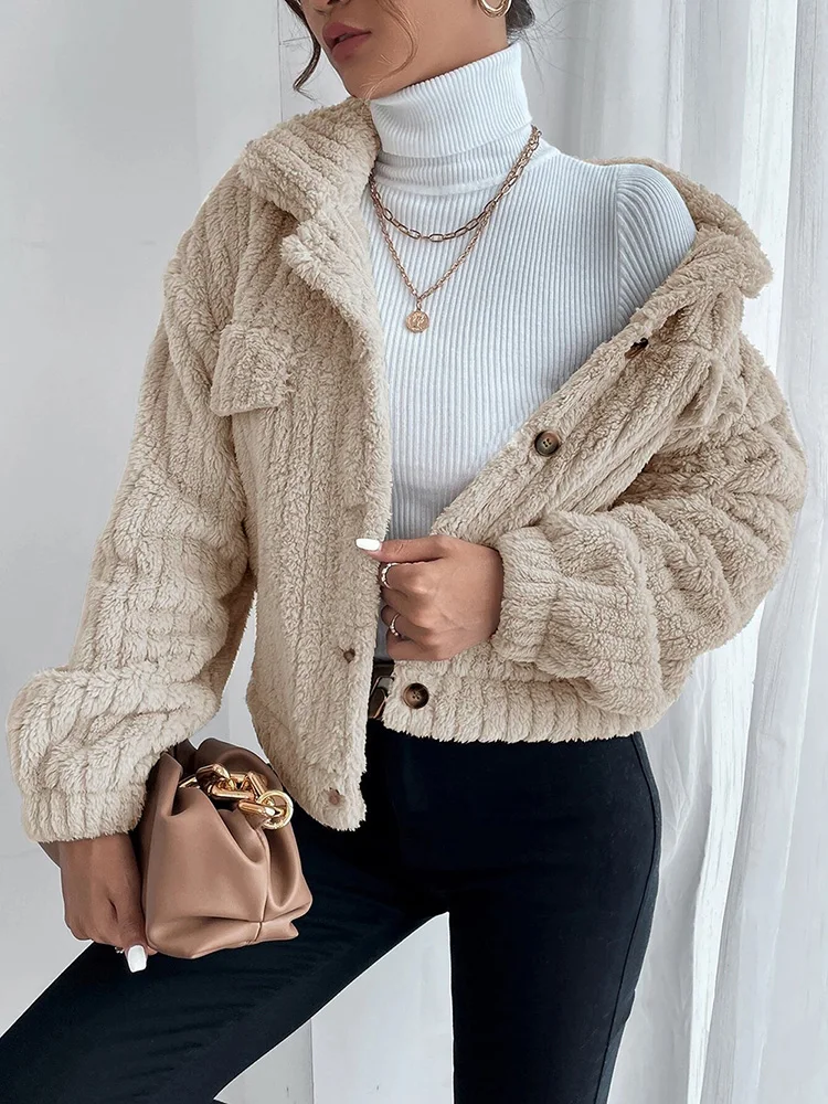 Top Trends: Winter Women Rabbit Plush Jacket Faux Fur Thick Coat Casual Long Sleeve Loose Overcoat Female Outerwear Autumn Ladie Button Coat Shoppable Styles