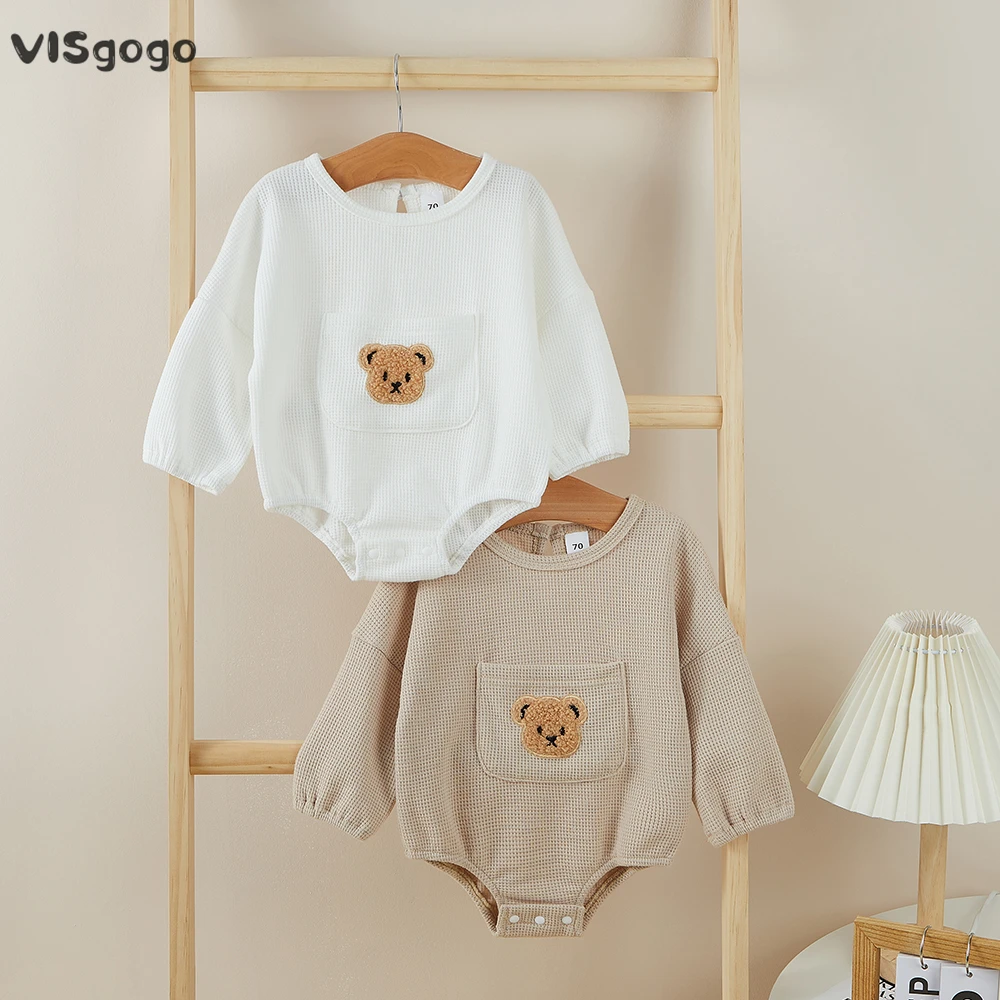 Top Trends: VISgogo Baby Spring Fall Romper Cute Bear Embroidery Long Sleeve Front Pocket Jumpsuit Baby Girl Boys Casual Clothes Shoppable Styles