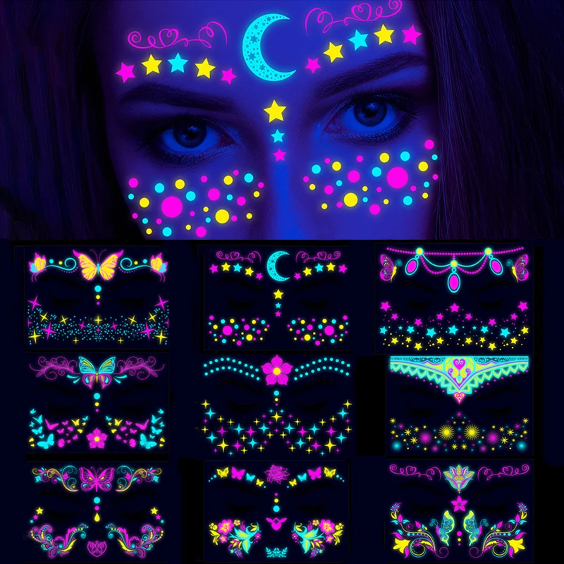 Top Trends: Fluorescent Face Colorful Tattoo Sticker Temporary Waterproof Face Body Art Stickers For Music Party Night Club Makeup Tattoos Shoppable Styles