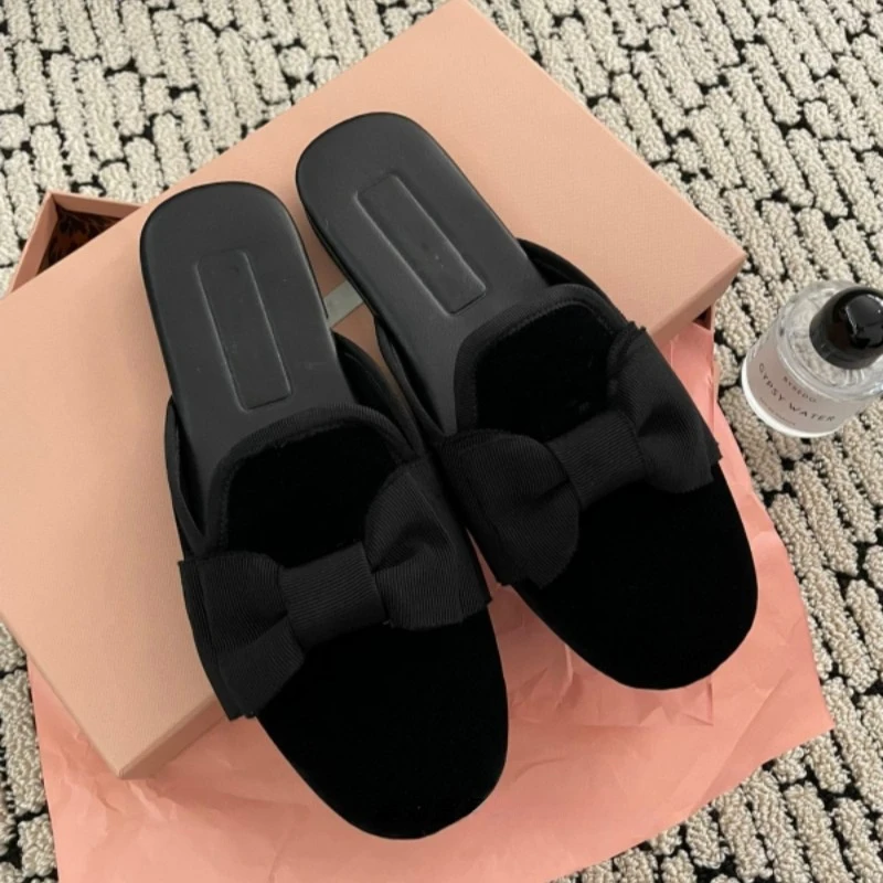 Top Trends: Fashionable Velvet Bow Women's Singles, Versatile Flat Bottom Bean Shoes, One Step Kick, Lefu Shoes, Baotou Half Slippers, Lazy Shoppable Styles