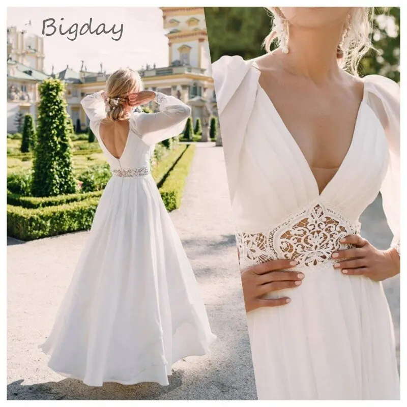 Top Trends: Elegant A-Line Wedding Dresses For Women 2024 White V-Neck Long Puff Sleeve Lace Open Back Bridal Gown Chiffon Vestidos De Novia Shoppable Styles