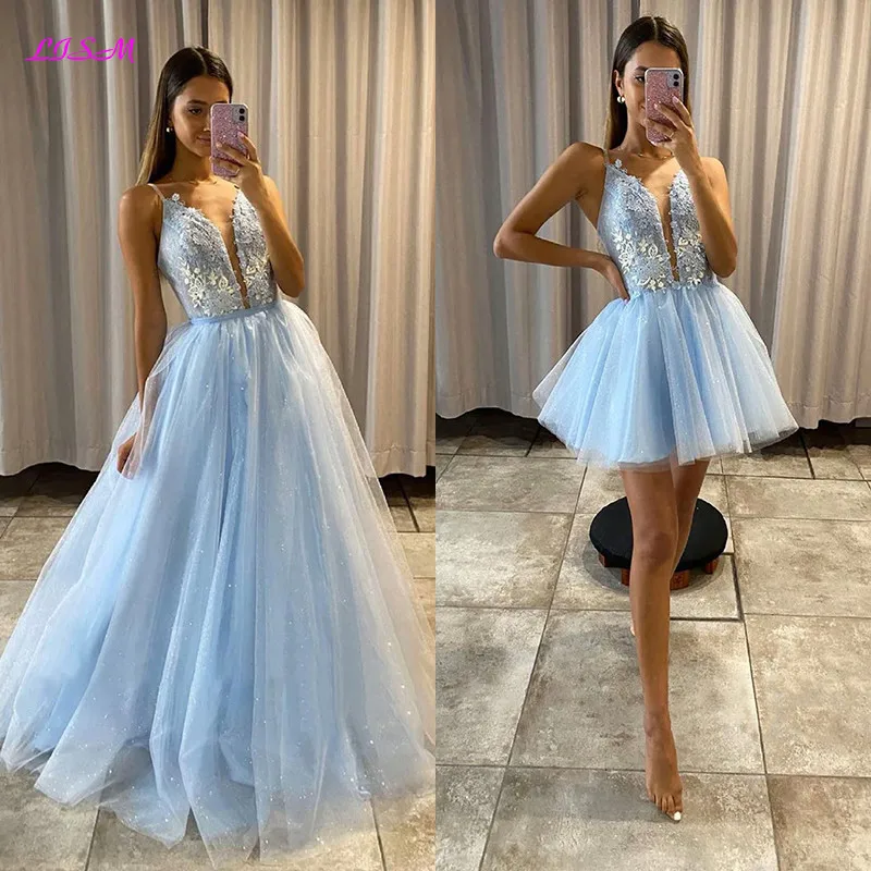 Top Trends: LISM Glitter Tulle Appliques Prom Dress With Detachable Train Sweetheart 2 Pieces Long Evening Gowns Serenity Blue Party Dresses Shoppable Styles