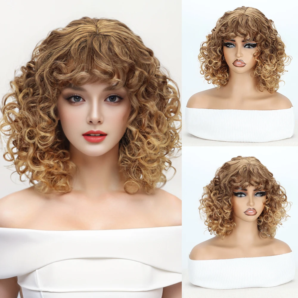 Top Trends: Short Curly Gold Gradient Synthetic Afro Wig With Curly Bangs Natural Wig Heat Resistant Fiber Cosplay Woman Shoppable Styles