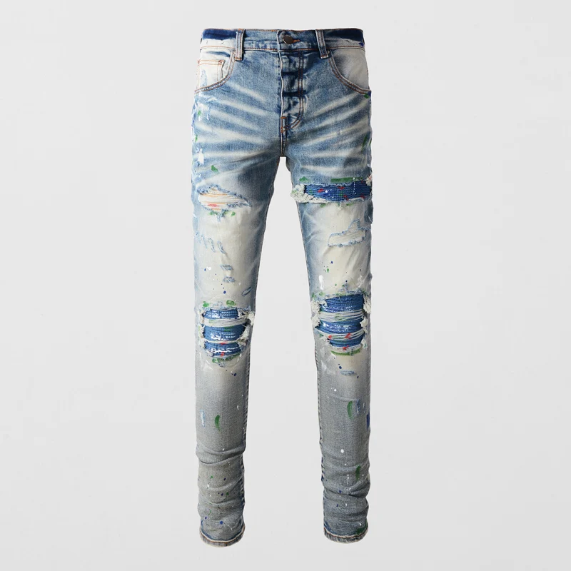 Top Trends: Street Fashion Men Jeans Retro Blue Stretch Skinny Fit Painted Ripped Jeans Men Buttons Fly Patched Designer Hip Hop Brand Pants Shoppable Styles