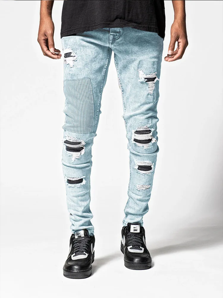 Top Trends: Men's Skinny Ripped Jeans Streetwear Fashion Beggar Patch Men Pencil Pants Grey / Blue Slim Denim Trousers Casual Jeans For Men Shoppable Styles - Image 6