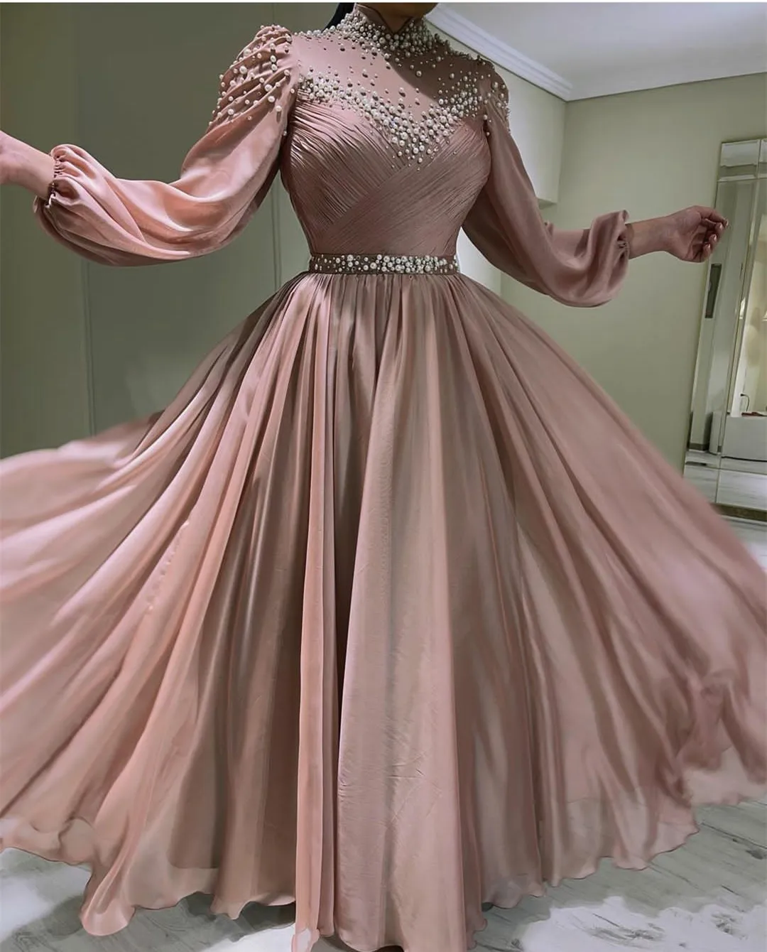 Top Trends: Vintage Long Tulle Pink Muslim Evening Dresses فساتين Sheath Halter Neck Floor Length Formal Prom Gowns Party Dress For Women Shoppable Styles