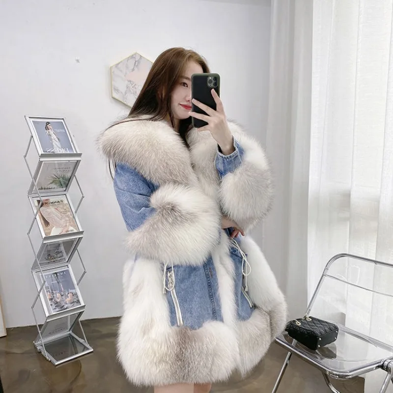 Top Trends: Winter Faux Fox Fur Cowboy Patchwork Fur Coat Women Jean Jacket Denim Coat Warm Parkas Cotton-padded Jacket Loose Outerwear Shoppable Styles - Image 4