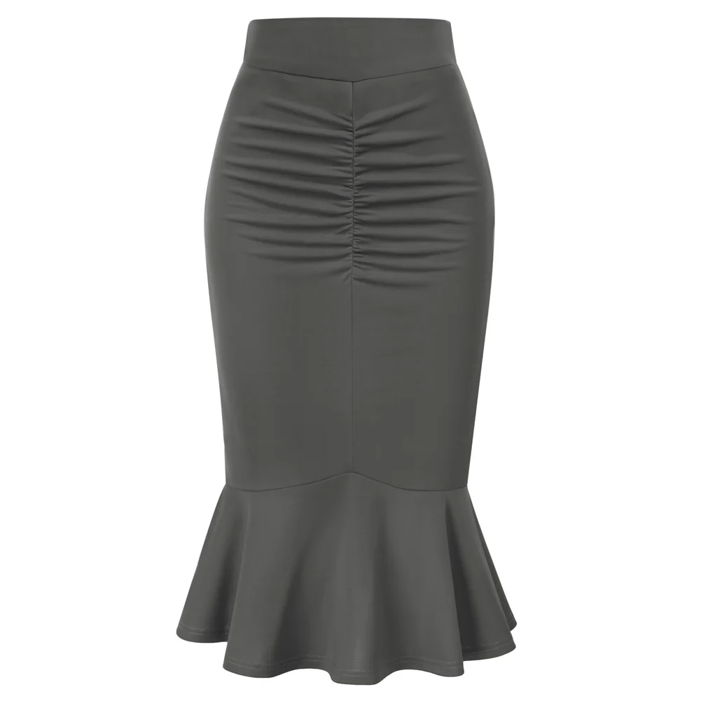 Top Trends: BP Women Vintage Ruched Skirt Elastic High Waist Mermaid Hem Bodycon Skirt Slim Tight Mid Craf Office Lady Fishtail Skirt A50 Shoppable Styles