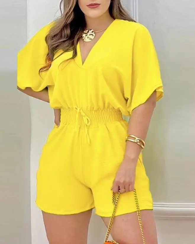 Top Trends: Jumpsuit Women 2023 Summer Fashion Batwing Sleeve Shirred Waist Casual Plain V-Neck Short Sleeve Above Knee Romper Streetwear Shoppable Styles