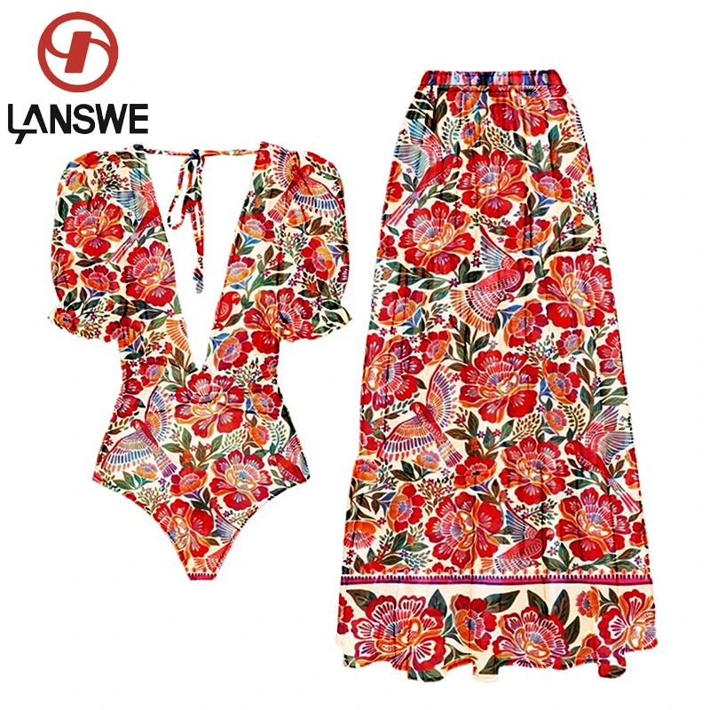 Top Trends: Lanswe2023 New Fashion Women Cover Swimsuit Retro Print Deep V Gorgeous Red And One-Piece Suit With Swimwear Summer Beach Wear Shoppable Styles