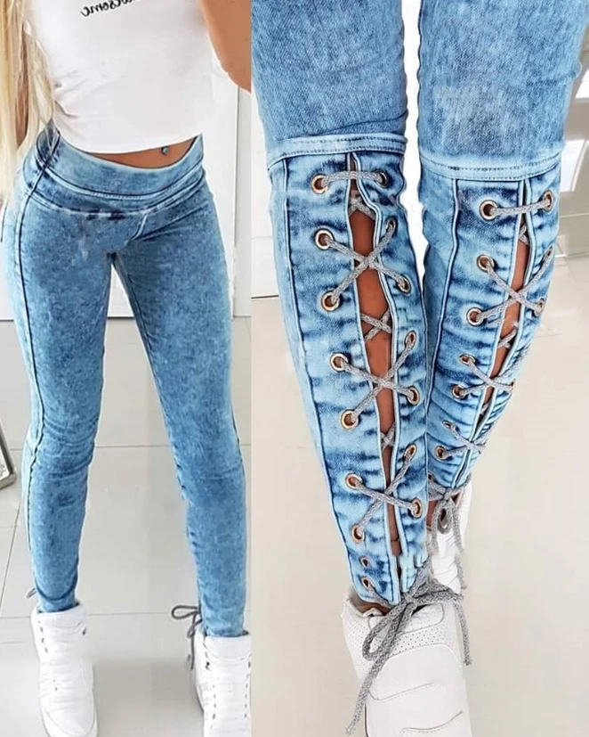 Top Trends: Women&#039;s Jeans 2023 Autumn Fashion Eyelet Lace-Up Casual High Waist Plain Skinny Daily Long Jeans Y2K Streetwear Women&#039;s Clothing Shoppable Styles