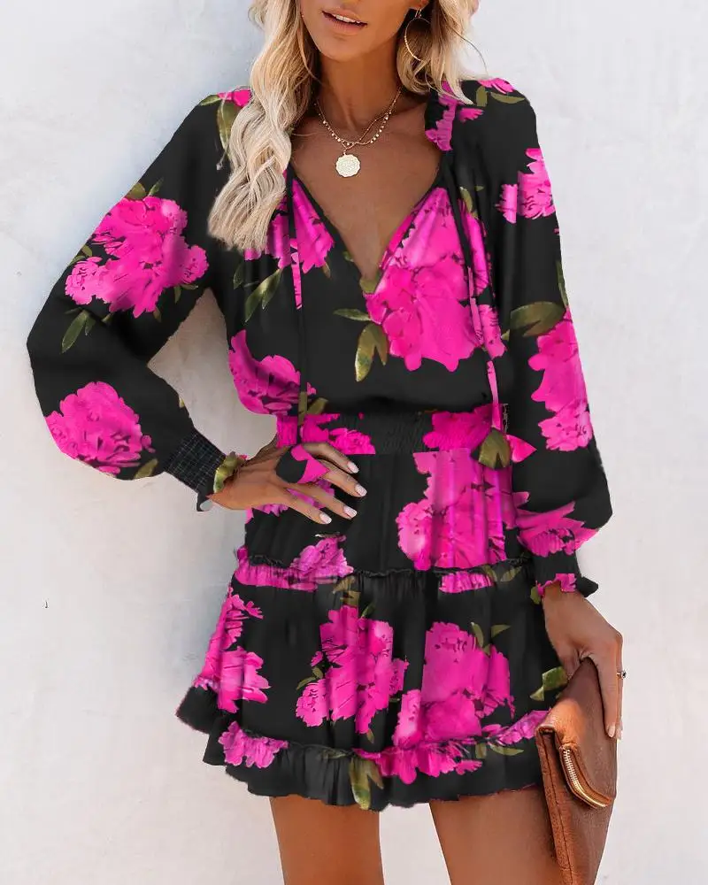 Top Trends: Women&#039;s Dresses 2023 Spring Fashion Floral Print Long Sleeve V Neck Casual Lantern Sleeve Ruffle Mini Waist Dress Shoppable Styles