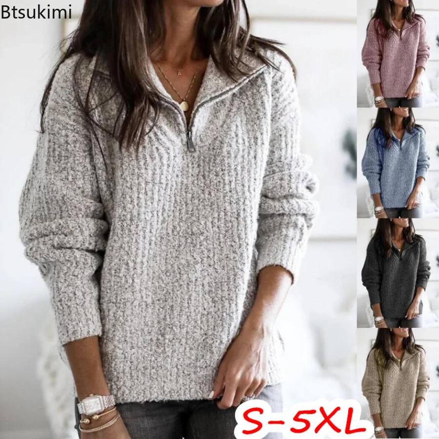 Top Trends: Autumn Winter Warm Pullover Sweater Women Fashion Solid Long Sleeve Knitwear Zip Neck Loose Knitted Sweater Jumper Top S-5XL Shoppable Styles