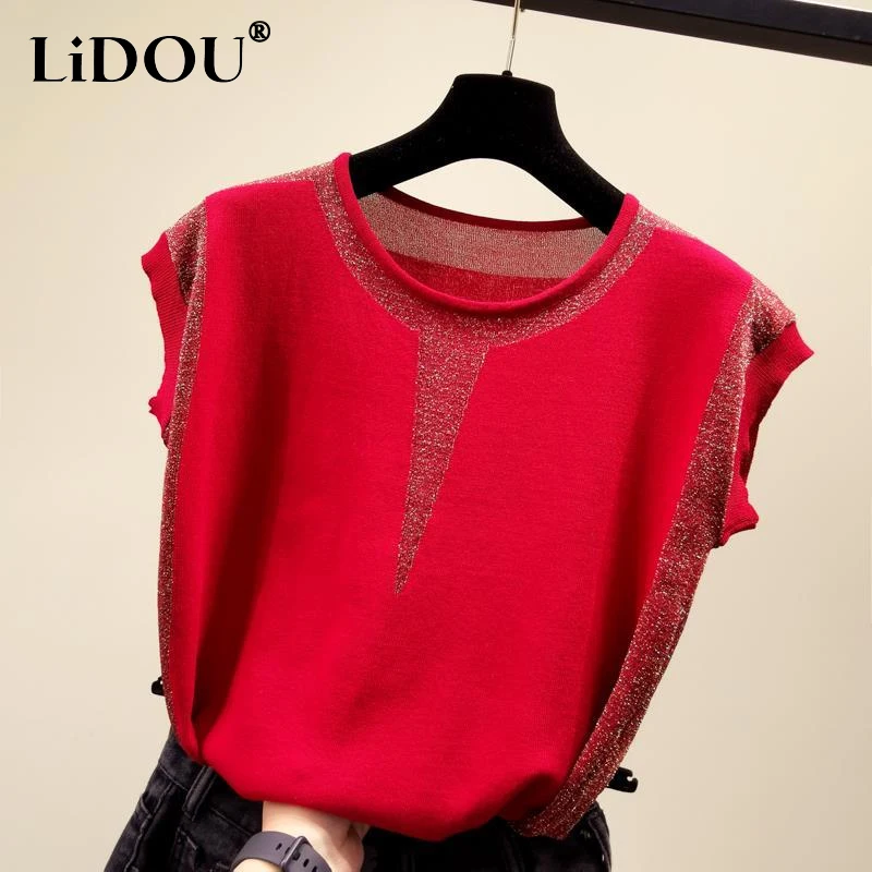 Top Trends: 2023 Summer New Round Neck Short Sleeve Contrast Color Bright Silk T-shirt Women Ice Silk Fabric Thin Style Knitting Pullovers Shoppable Styles